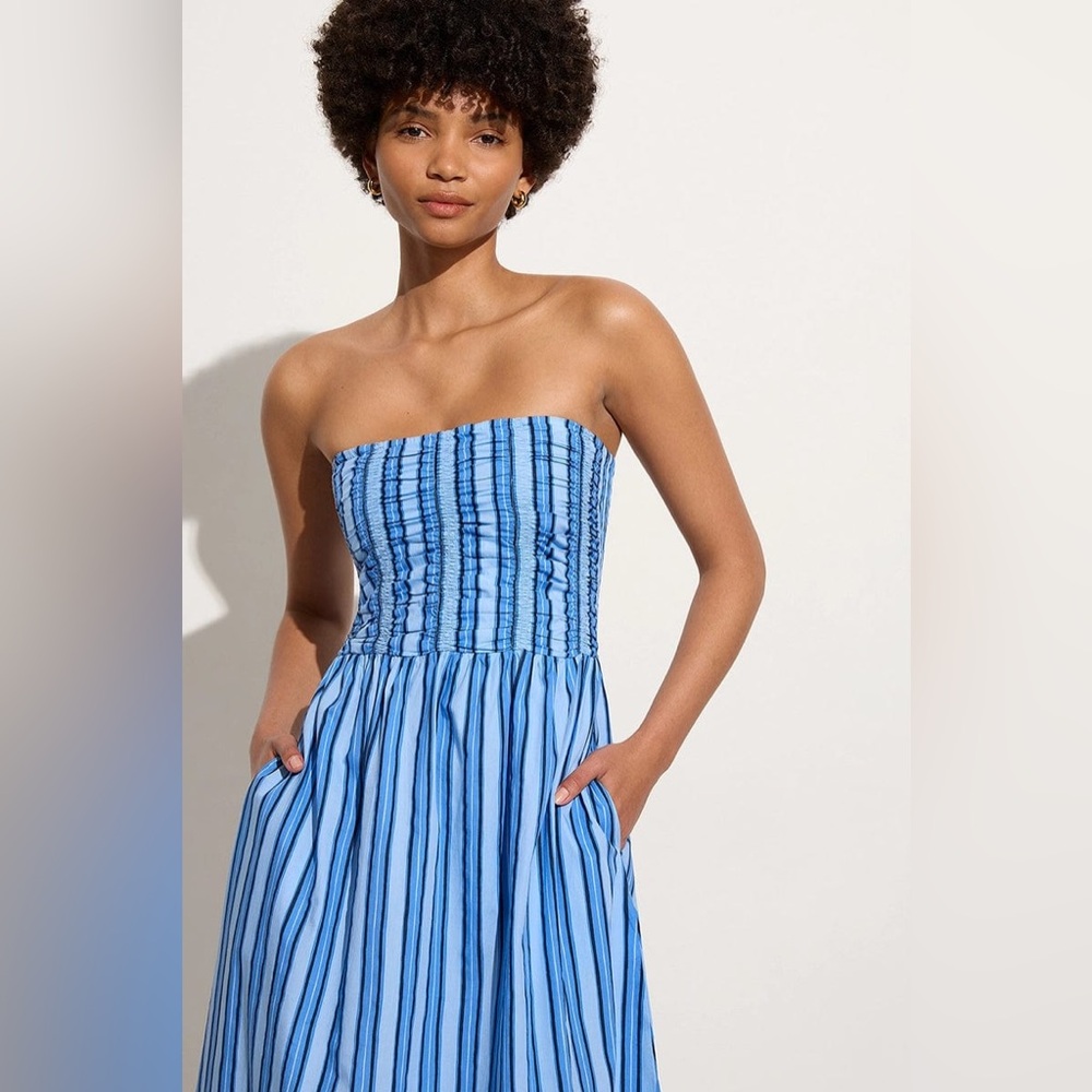 Faithful the Brand Dominquez shirred striped organic cotton-poplin midi dress